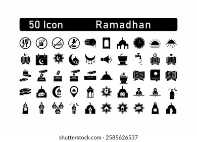 50 black and white icons representing Ramadan, suitable for social media posts, website banners, and graphic design projects. 