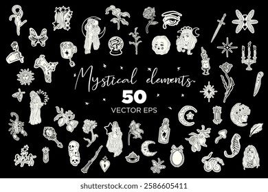 50 black and white mystical vector illustrations (EPS). Includes esoteric symbols, celestial elements, flowers, eyes, and enchanted objects. Perfect for tattoos, prints, branding, and spiritual design