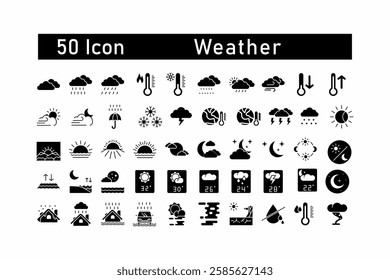 50 black and white weather icons for various weather conditions, perfect for weather apps, websites, publications, and graphic design projects.