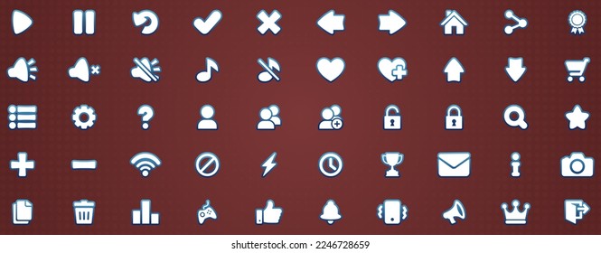 50 blue icons vector set play settings pause cancel menu retry sound music shop next back leaderboard heart down unlock badge mail notification close exit for building 2d games on mobile and web.