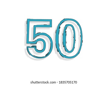 50 blue number, hand drawn brush stroke. Comic style design. For design element, logo, creative poster etc. Vector illustration 