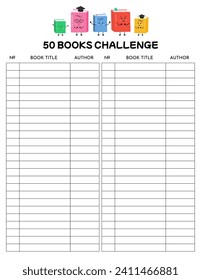 50 Books reading challenge, read very day. Printable reading log, chart, tracking progress, for motivating kids, literature classes, library, school education, book clubs. Reading activity, hobby.