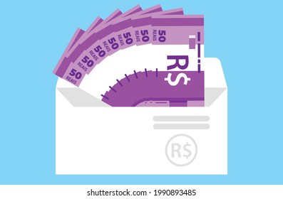 50 Brazilian Real Banknotes  Money in envelope vector icon . Brazil currency, business, finance and Payment element. Can be used for web, mobile, infographic, and print.