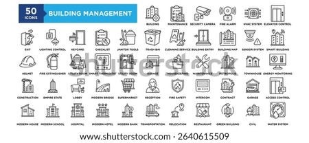 50 Building Management icon set. Containing design Building Management, Facility Maintenance , Security Camera, Fire Alarm, Smart Building
