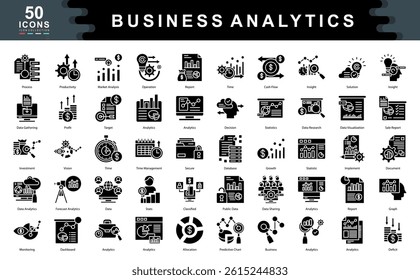 50 business analytics black icons focused on strategy, data insight, forecasting, and performance tracking. Perfect for business intelligence, reporting, and data-driven decision-making.