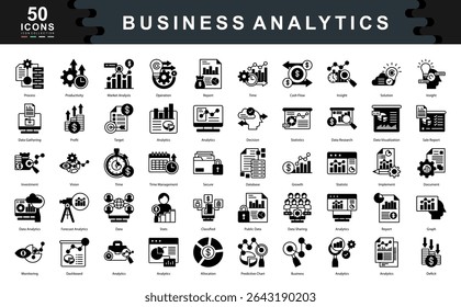 50 business analytics black icons focused on strategy, data insight, forecasting, and performance tracking. Perfect for business intelligence, reporting, and data-driven decision-making.