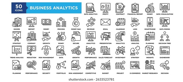 50 Business Analytics icon set. Containing design business, digital, analytics, data, marketing, technology, information, analysis