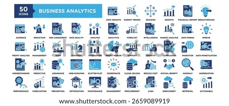 50 Business Analytics icon set. Containing design business, data, information, analytics, technology	