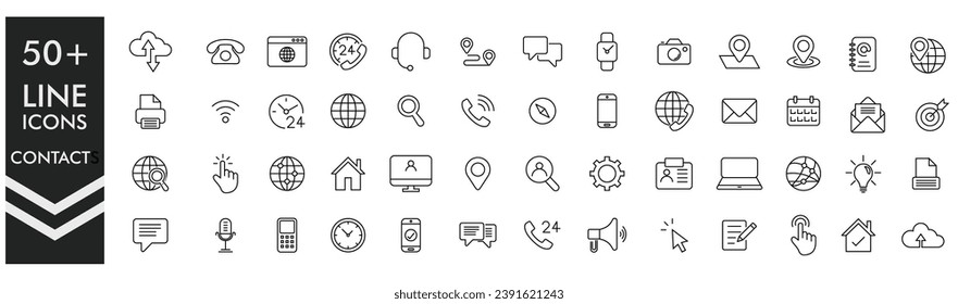 50 Business contact theme line icon pack, Big UI icon set in a flat design. Thin outline icons pack. Vector illustration EPS10