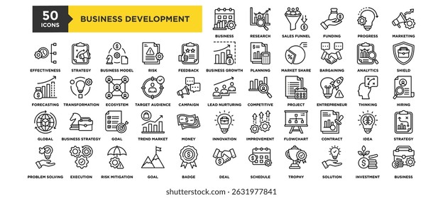 50 Business Development icon set. Containing design business, development, strategy, team, management, success