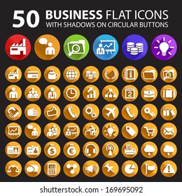 50 Business Flat Icons with Shadows On Circular Buttons. 