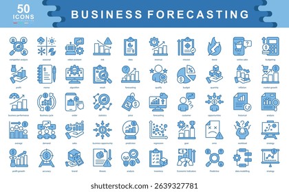50 business forecasting blue icons illustrating trends, data modeling, predictions, and growth metrics. Ideal for planning, analytics, revenue strategy, and market performance insights.