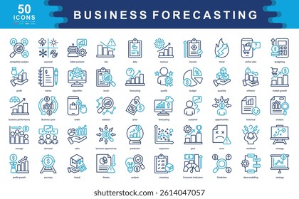 50 business forecasting color icons illustrating trends, data modeling, predictions, and growth metrics. Ideal for planning, analytics, revenue strategy, and market performance insights.