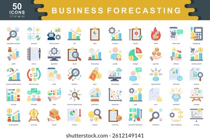 50 business forecasting flat icons illustrating trends, data modeling, predictions, and growth metrics. Ideal for planning, analytics, revenue strategy, and market performance insights.