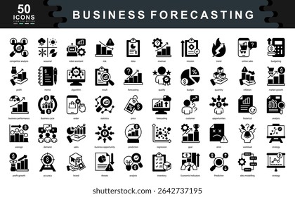 50 business forecasting icons illustrating trends, data modeling, predictions, and growth metrics. Ideal for planning, analytics, revenue strategy, and market performance insights.