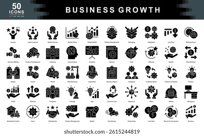 50 business growth black icons highlighting strategy, expansion, innovation, and performance. Ideal for illustrating development, market reach, ROI, and scalable business solutions.