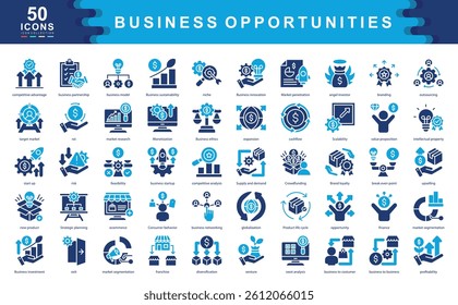 50 business opportunities icons showcasing innovation, growth potential, strategic planning, and market development. Great for startup, investment, and entrepreneurial content.