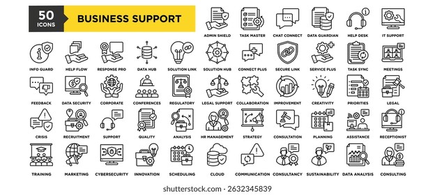 50 Business Support Services icon collection set. Containing design support, service, business, call, center, customer, tech, technology	