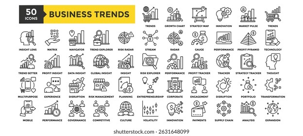 50 Business Trends icon set. Containing design business, financial, finance, trend, strategy, target