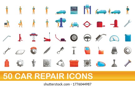 50 car repair icons set. Cartoon illustration of 50 car repair icons vector set isolated on white background