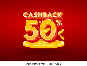 50% cashback banner design concept with elegant gold coins. Sales banner template. Eps10.