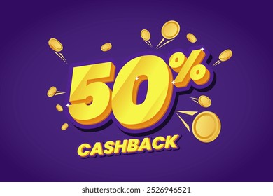 50% cashback promotional banner featuring bold yellow text with shining effects, surrounded by floating gold coins on a vibrant purple background. Perfect for sales campaigns.