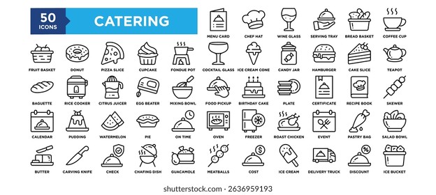 50 Catering icon set. Containing design restaurant, plate, service, food, table, event	
