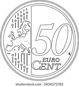 50 cent euro coin vector line art silhouette handmade design.