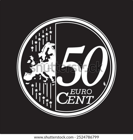 50 cent euro coin vector design in white color and on a black background, handmade silhouette