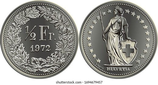 50 centimes or one half Swiss franc coin, reverse one half Fr in wreath of oak leaves and gentian, obverse Helvetia and stars, coin in Switzerland