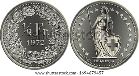 50 centimes or one half Swiss franc coin, reverse one half Fr in wreath of oak leaves and gentian, obverse Helvetia and stars, coin in Switzerland