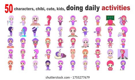 
50 characters, chibi, cute, kids, doing daily activities