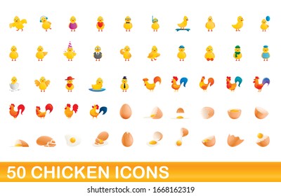 50 chicken icons set. Cartoon illustration of 50 chicken icons vector set isolated on white background