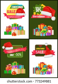 50% Christmas sale promotional posters with gift boxes wrapped in bright paper with big bows and Santas hat cartoon flat vector illustrations set.