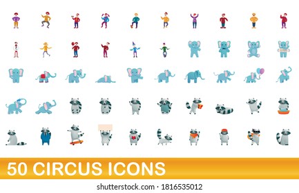 50 circus icons set. Cartoon illustration of 50 circus icons vector set isolated on white background