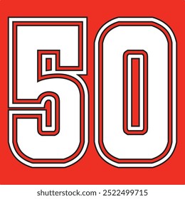 50 Classic Vintage Sport Jersey  Uniform numbers in black with a black outside contour line number on white background for American football, Baseball and Basketball