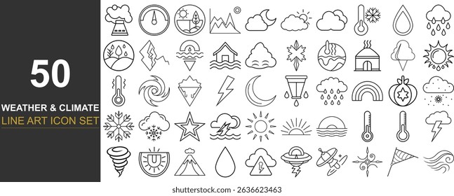50 Clean Line Art Icons Focused on Weather and Climate Concepts Featuring Natural Phenomena, Global Warming, Wind Patterns, Disaster Alerts, and Temperature Elements for Web and Mobile Use