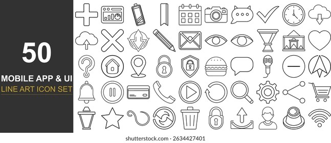50 Clean Line Art Vector Icons for Mobile App UI Design Including Navigation, Settings, Media Controls, User Profiles, Notifications, and Common Interface Elements for Web and Mobile Projects
