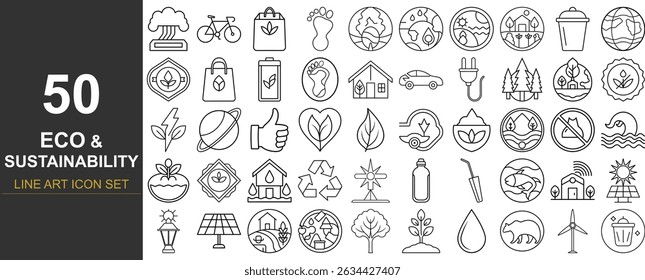 50 iconos vectoriales de arte de línea limpia centrados en la sostenibilidad, la vida ecológica y la responsabilidad climática, incluido el reciclaje, la energía verde, la agricultura orgánica y cero residuos para proyectos de conciencia ambiental