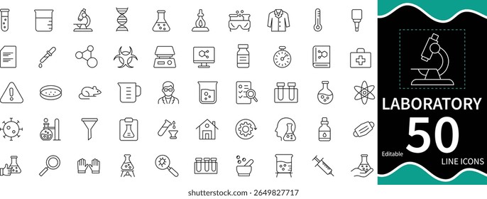 50 clean line icons for laboratory, science, and medical research. Includes test tubes, microscopes, flasks, safety gear, DNA, and chemical tools. Ideal for apps, websites, and scientific visuals.