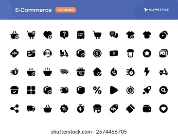 A 50 collection of E-Commerce icons set in glyph style. The set of essential and commonly-used icons in every E-Commerce page.