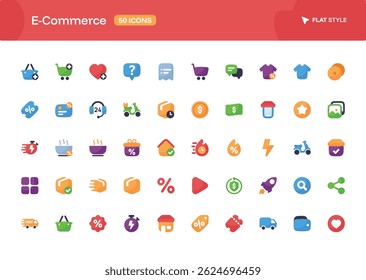Uma coleção de 50 ícones de E-Commerce definidos no estilo de cores simples. O conjunto de ícones essenciais e comumente usados em todas as páginas de comércio eletrônico.