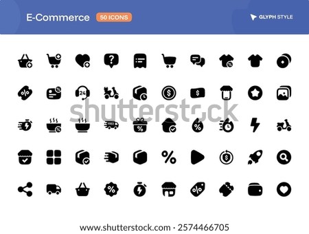 A 50 collection of E-Commerce icons set in glyph style. The set of essential and commonly-used icons in every E-Commerce page.