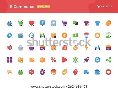 A 50 collection of E-Commerce icons set in flat color style. The set of essential and commonly-used icons in every E-Commerce page.