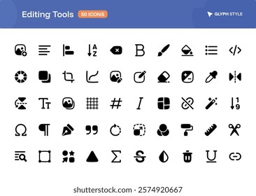 A 50 collection of Editing Tools icons set in glyph style. The set of essential and commonly-used icon pack in Editing and Creative Industry for User Interface Designer.