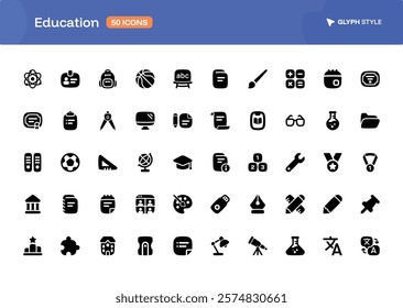 A 50 collection of Education icons set in glyph style. The set of essential and commonly-used icon pack for Education School User Interface.