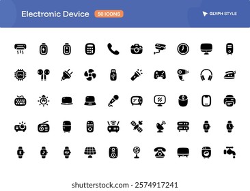 A 50 collection of Electronic Device icons set in glyph style. The set of essential and commonly-used icon pack for Sign and User Interface.