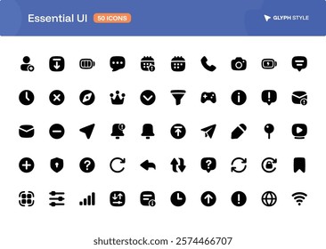 A 50 collection of Essential UI icons set in glyph style. The set of essential and commonly-used icons in every User Interface.