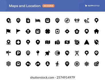 A 50 collection of Maps and Location icons set in glyph style. The set of essential and commonly-used icons for User Interface Designer.