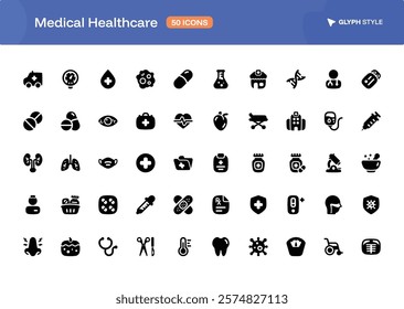 A 50 collection of Medical Heatlhcare icons set in glyph style. The set of essential and commonly-used icons in Medical and Healthcare for UI Designer.